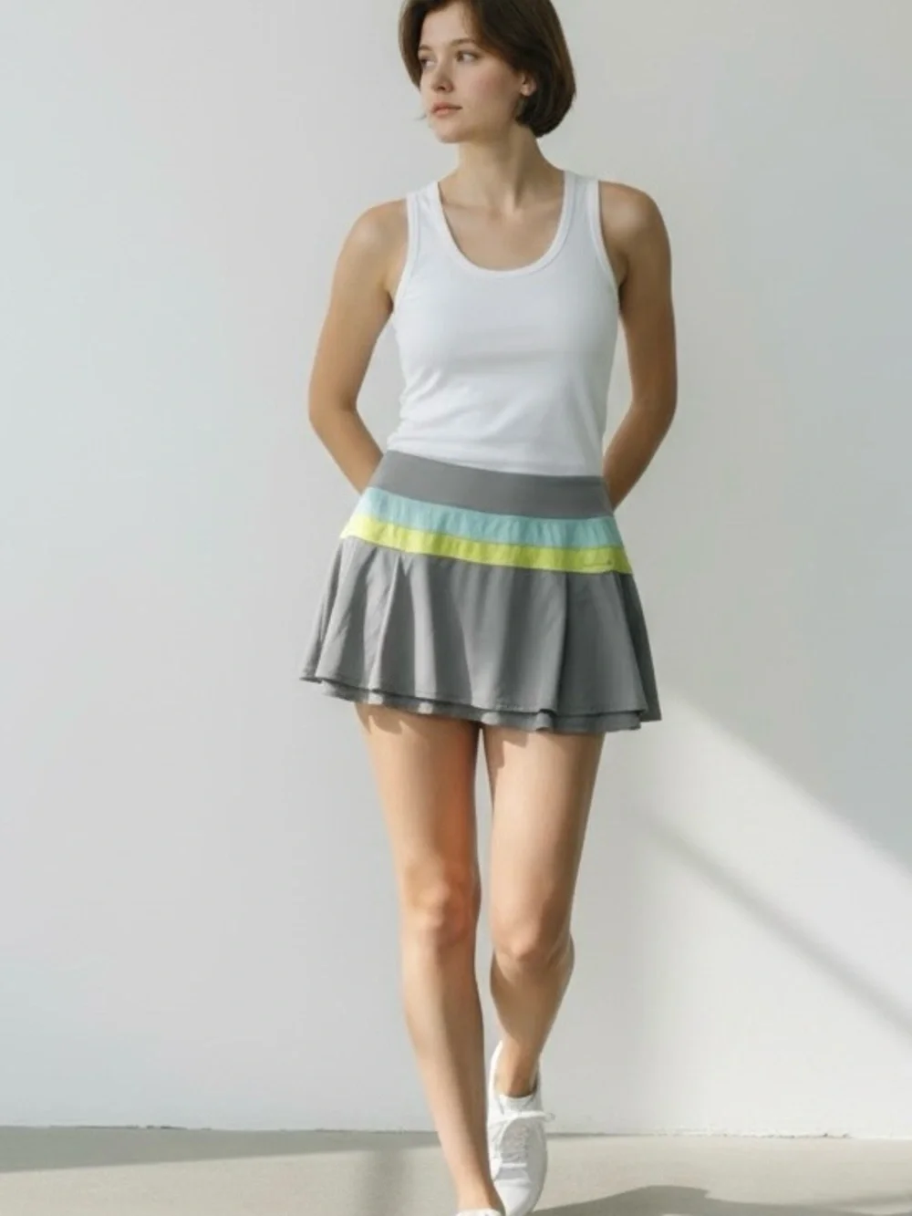 503 - Head Gray Athletic Skort with Mint and Neon Yellow Stripes Size Medium